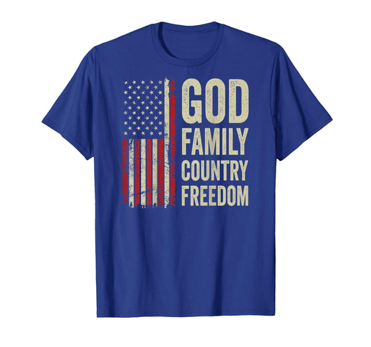 God Family Country Freedom - Patriotic USA Flag (ON Back) T-Shirt