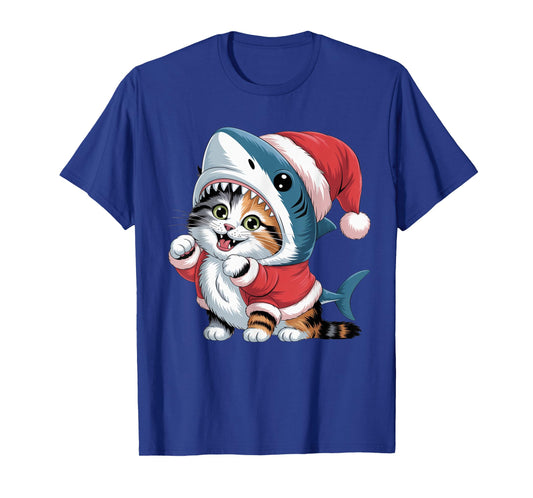 Cute Cat in Shark Costume with Santa Hat Christmas Design T-Shirt
