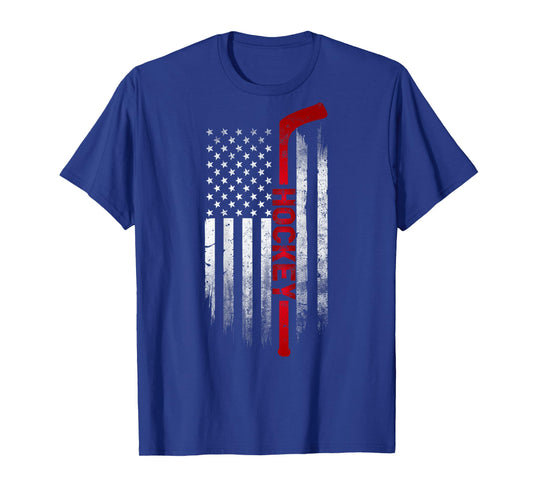 Hockey Stick USA Flag Sports Patriotic Ice Hockey Player T-Shirt for Women Kids Men
