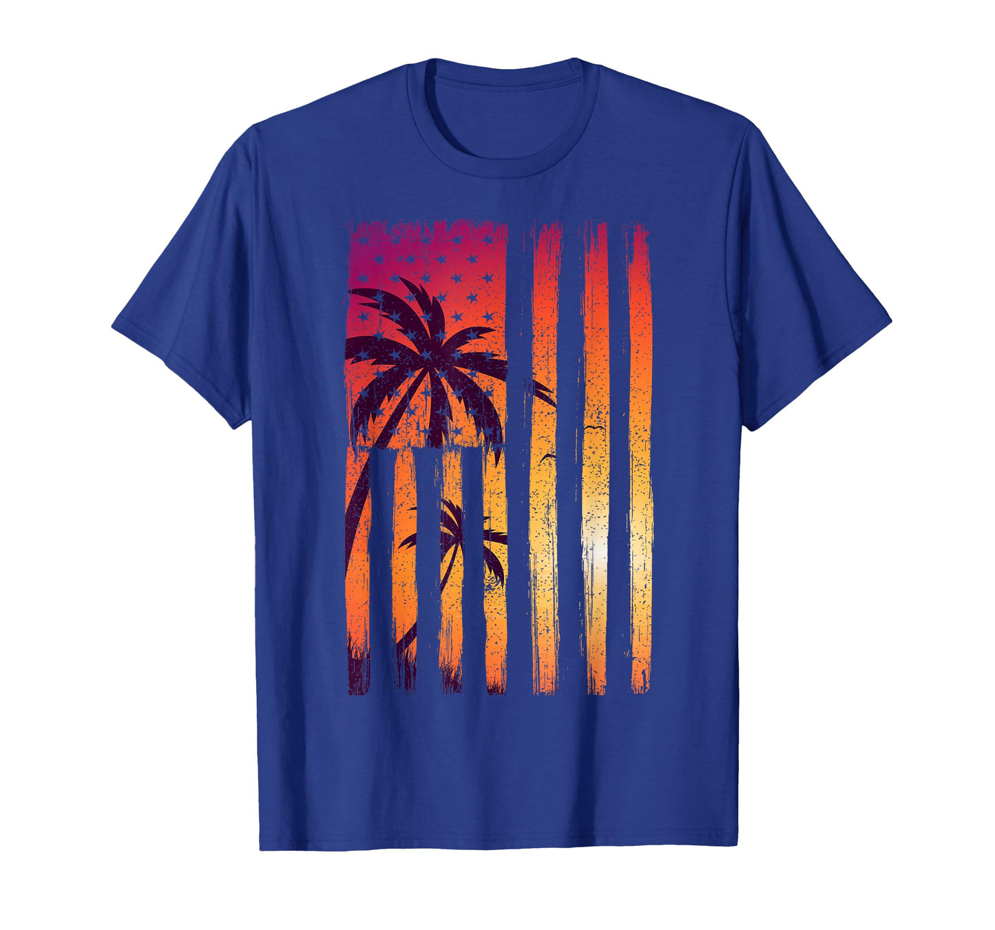 Summer Sunset Palm Trees American Flag Cool Spring Beach T-Shirt