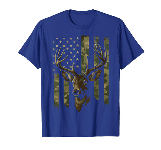 Camouflage USA Flag Deer Hunting Camo Whitetail Buck Head T-Shirt
