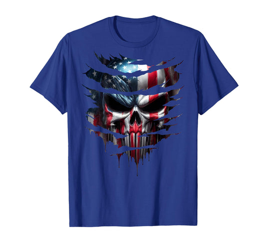 American Skull Patriotic Flag USA Grunge Style Graphic T-Shirt for Women Men