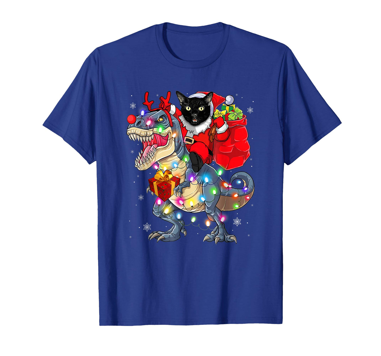 Funny Santa Cat Riding Dinosaur Xmas Lights T-Shirt