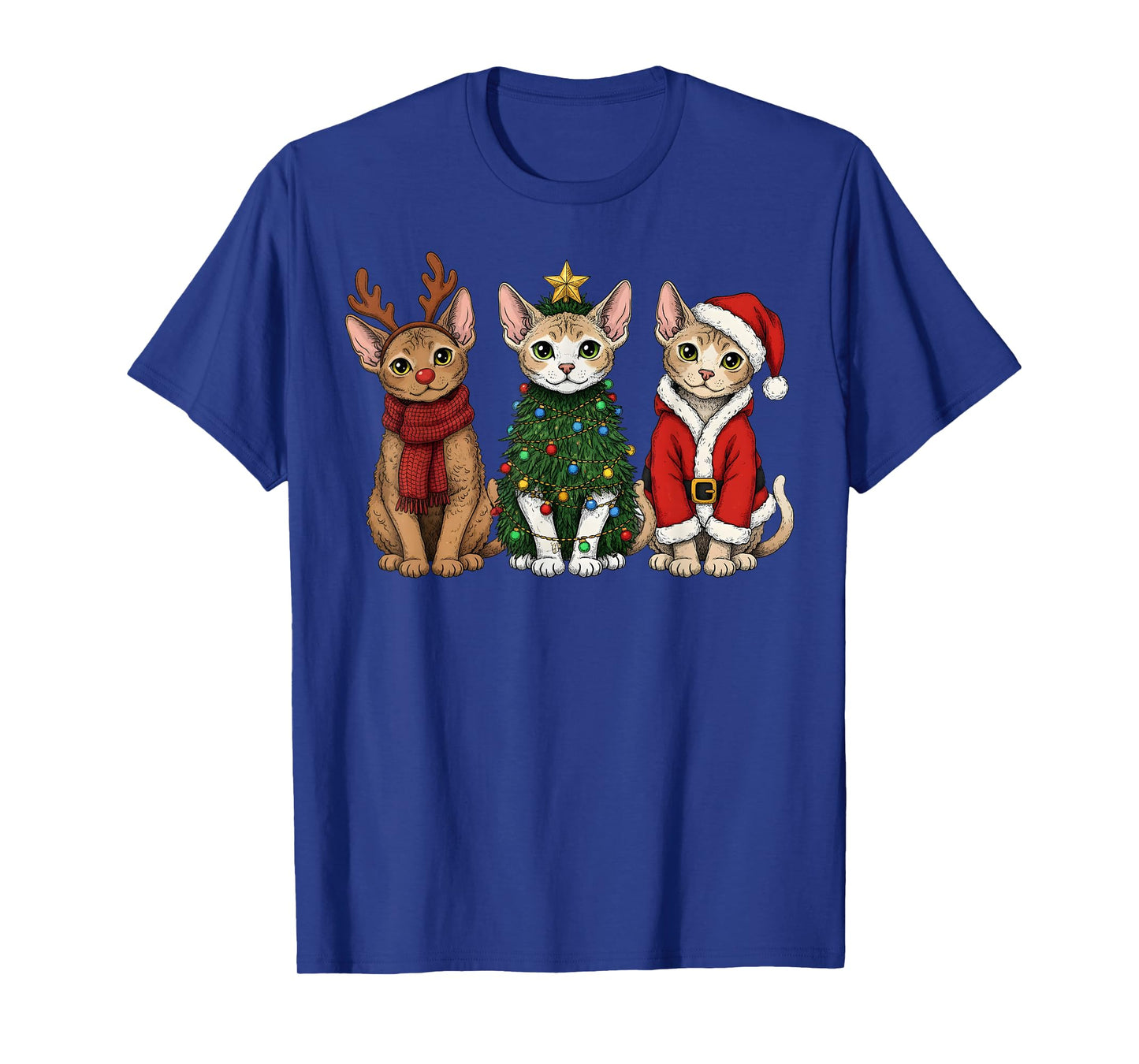 Retro Christmas Devon Rex Cat Santa Reindeer T-Shirt