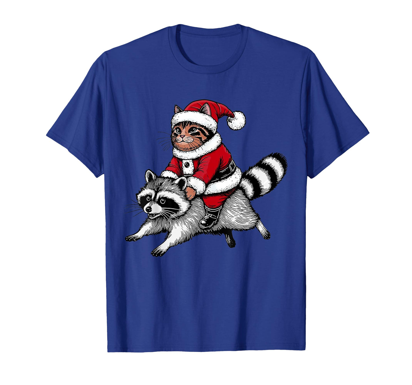 Santa Cat Riding A Raccoon Christmas Men Women Kids T-Shirt