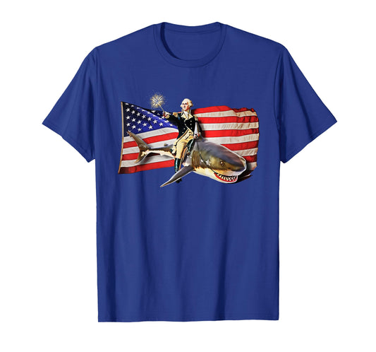 Washington Riding Shark Funny July 4th American Flag T-Shirt