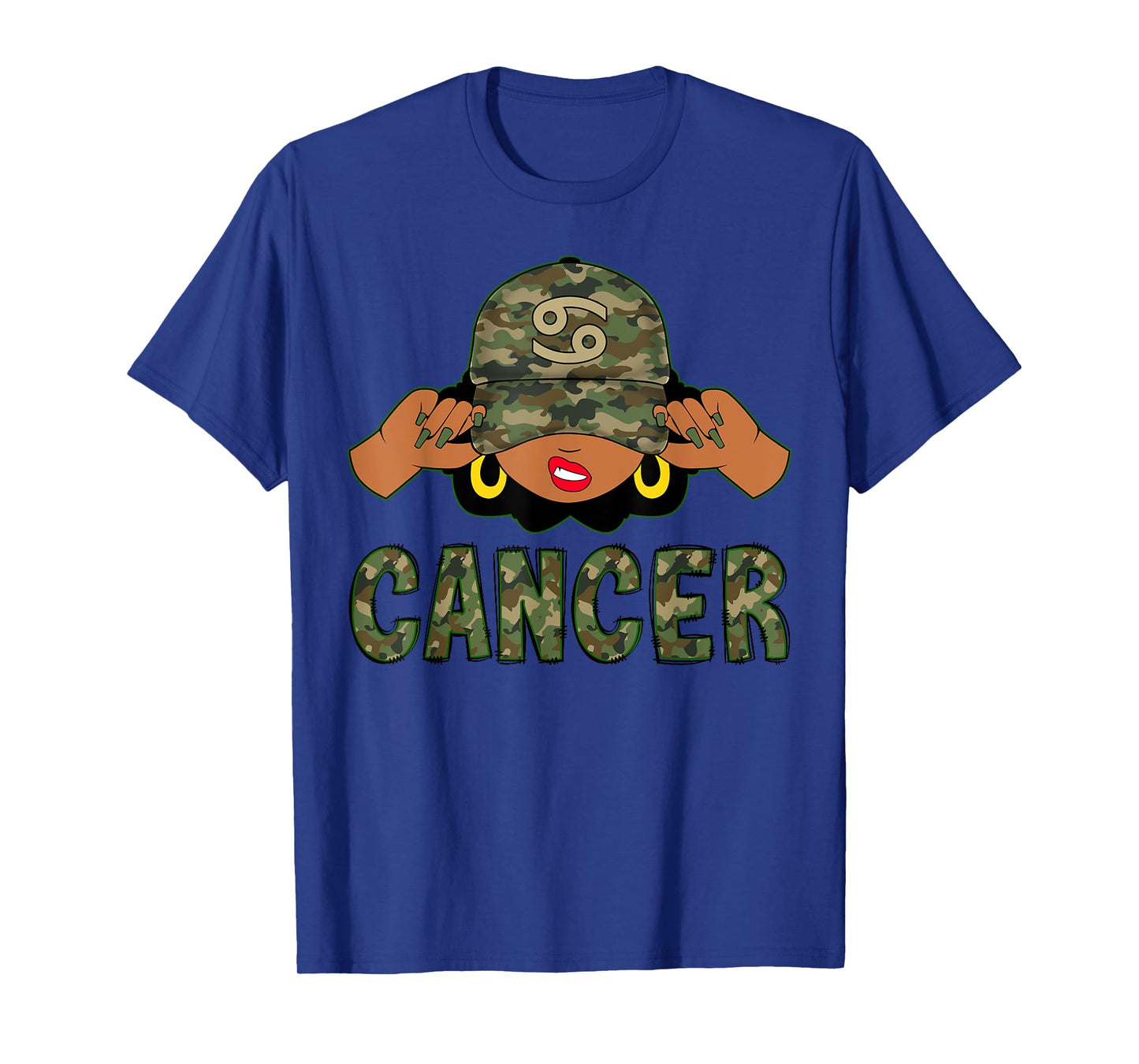 Cancer Queen Black Woman With Camo Cap Afro Girl Zodiac T-Shirt