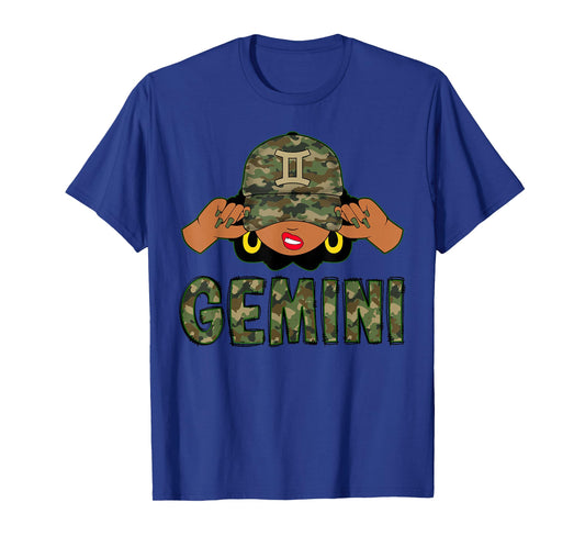 Gemini Queen Black Woman With Camo Cap Afro Girl Zodiac T-Shirt