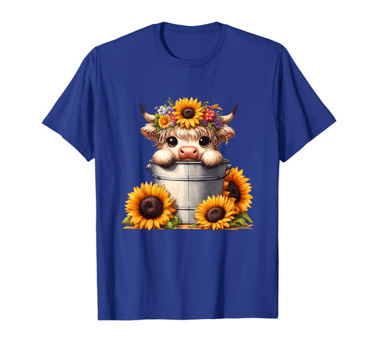 Cute Baby Highland Cow with Sunflowers in Bucket, Calf T-Shirt