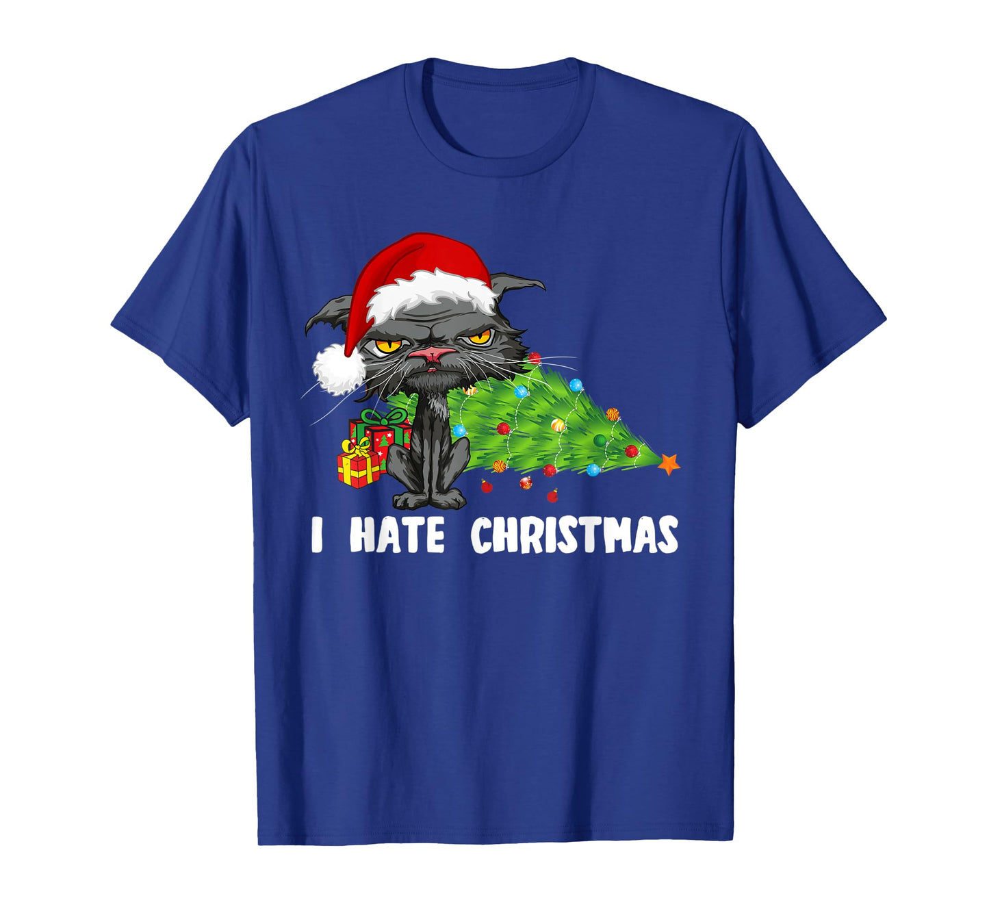 Anti Christmas I Hate Christmas Tree Bored Cat Santa Hat T-Shirt for Men Women Kids