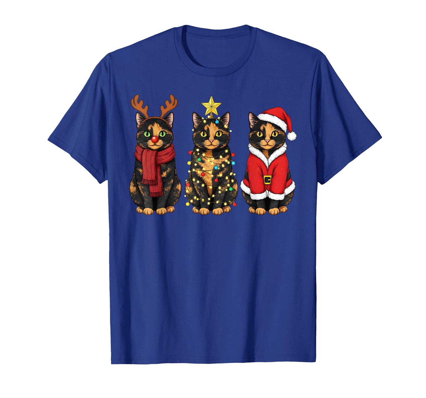 Retro Christmas Tortoiseshell Cat Santa Reindeer T-Shirt