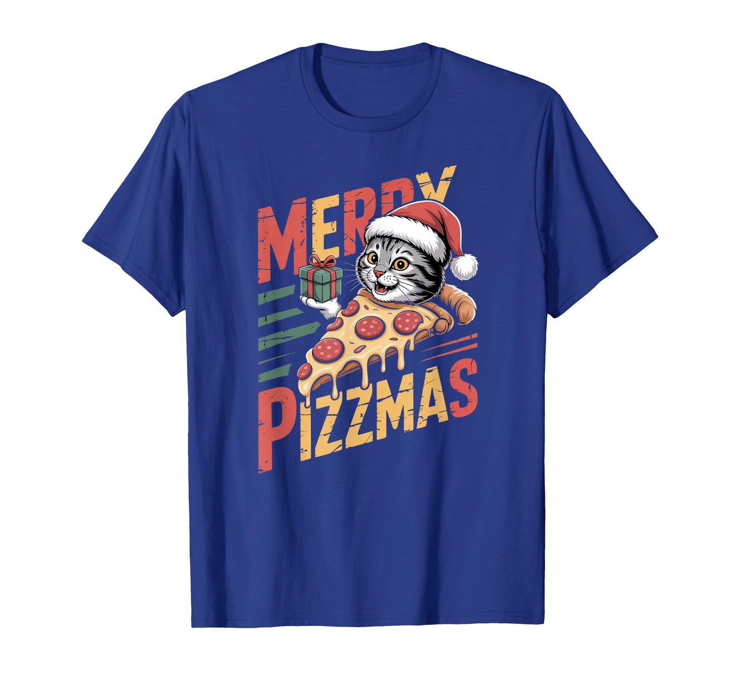 Merry Pizzmas Christmas Cat Funny Pizza Lover Xmas Cat Lover T-Shirt
