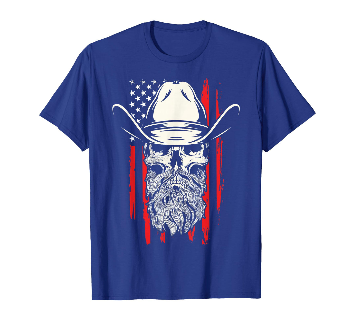 American Bearded Cowboy Skull Flag Distressed Graphic Style T-Shirt