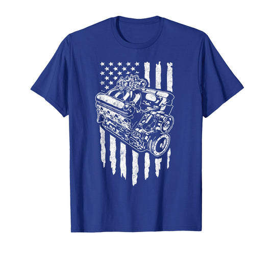 American Flag Muscle Car Motor Hot Rod Engine Racing T-Shirt