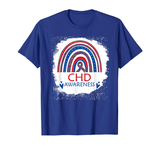 CHD Awareness Heart Disease Bleached Rainbow Blue Red Ribbon T-Shirt