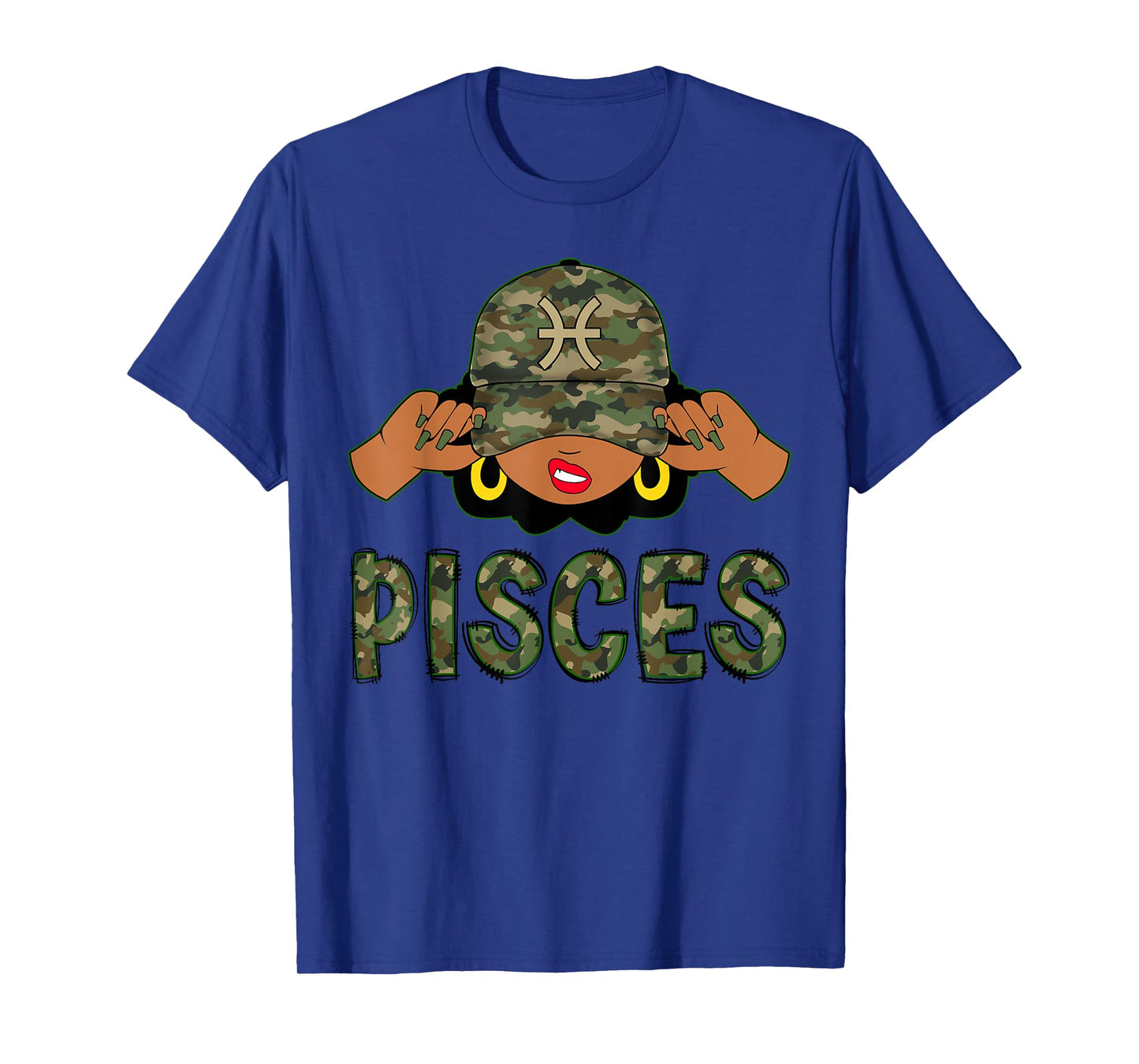 Pisces Queen Black Woman With Camo Cap Afro Girl Zodiac T-Shirt