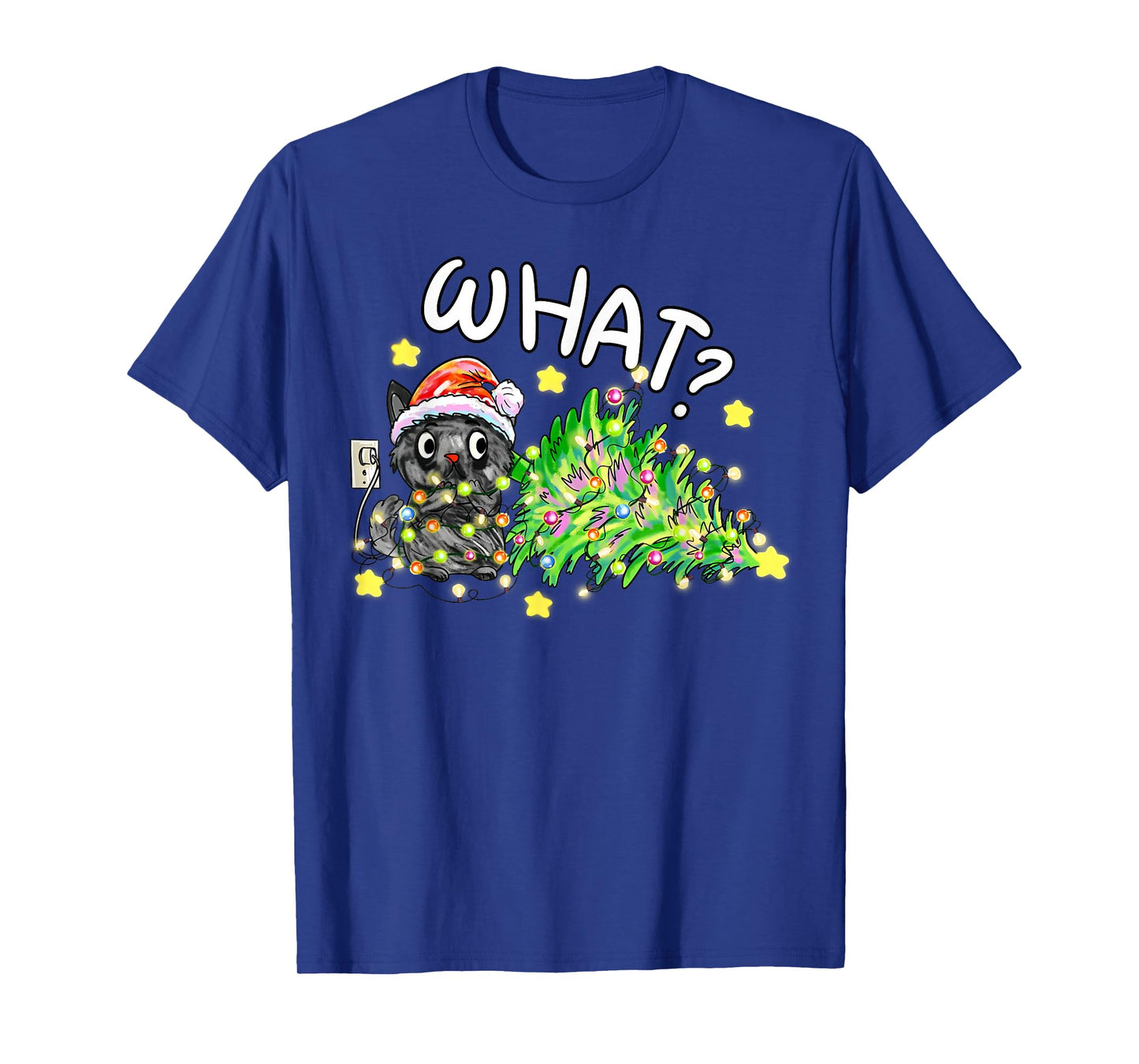Funny Black Cat Gift Pushing Christmas Tree Over Cat What? T-Shirt