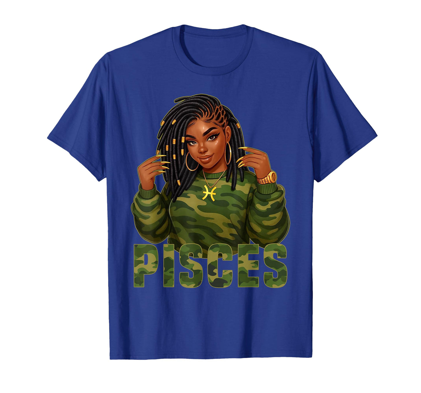 Pisces Queen Loc'd Black Woman Camo Zodiac Sign T-Shirt