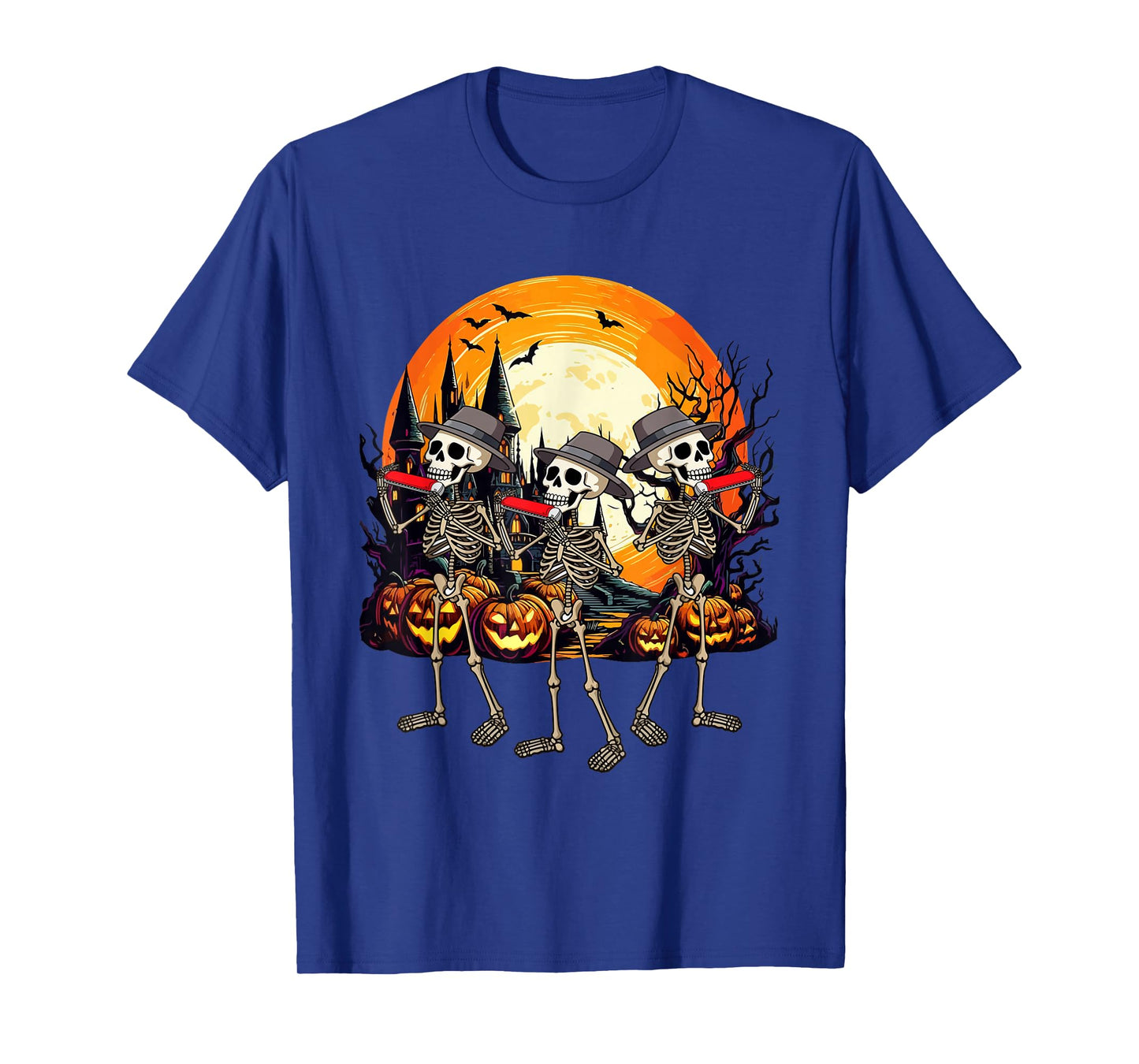 Three Funny Skeletons Playing Harmonica Halloween Instrument T-Shirt