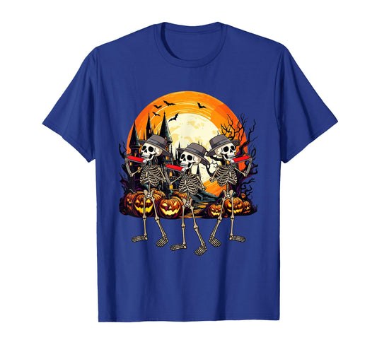 Three Funny Skeletons Playing Harmonica Halloween Instrument T-Shirt