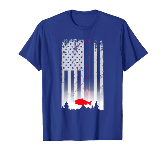 Fishing Pole American Flag Vintage Patriotic Fisherman T-Shirt