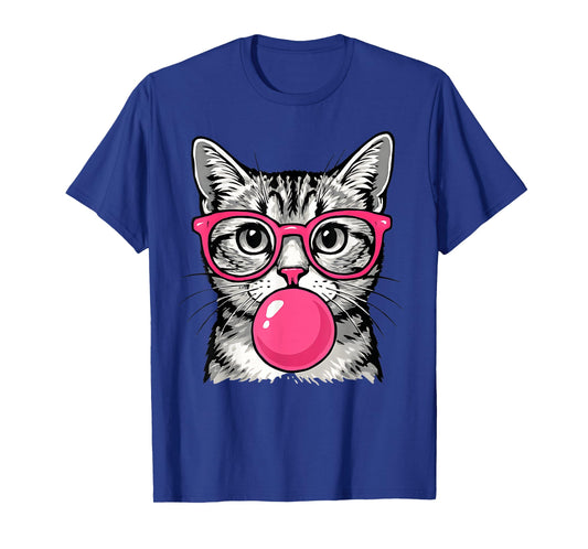 Cute Cat with Glasses Blowing Pink Bubble Gum T-Shirt