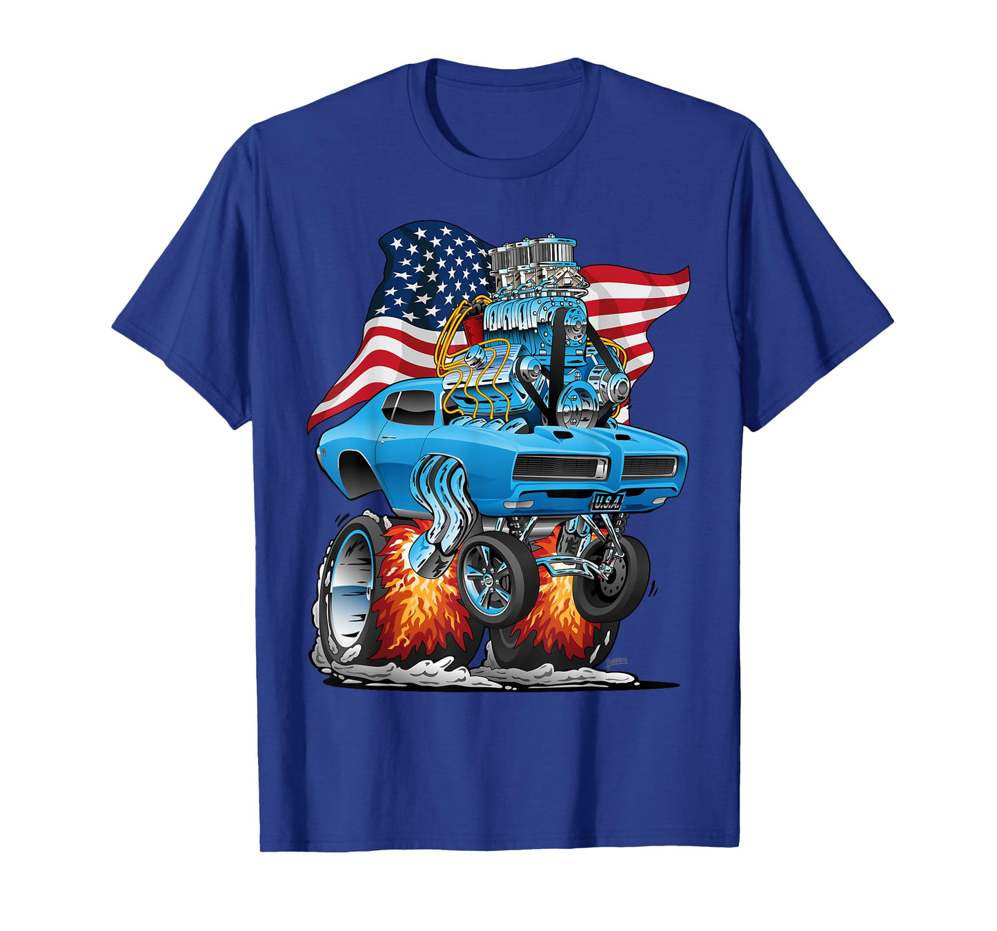 Patriotic 60s Muscle Car Funny Dragster USA Hotrod Cartoon T-Shirt