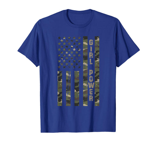 Girl Power United States Distressed Camo w US Flag T-Shirt