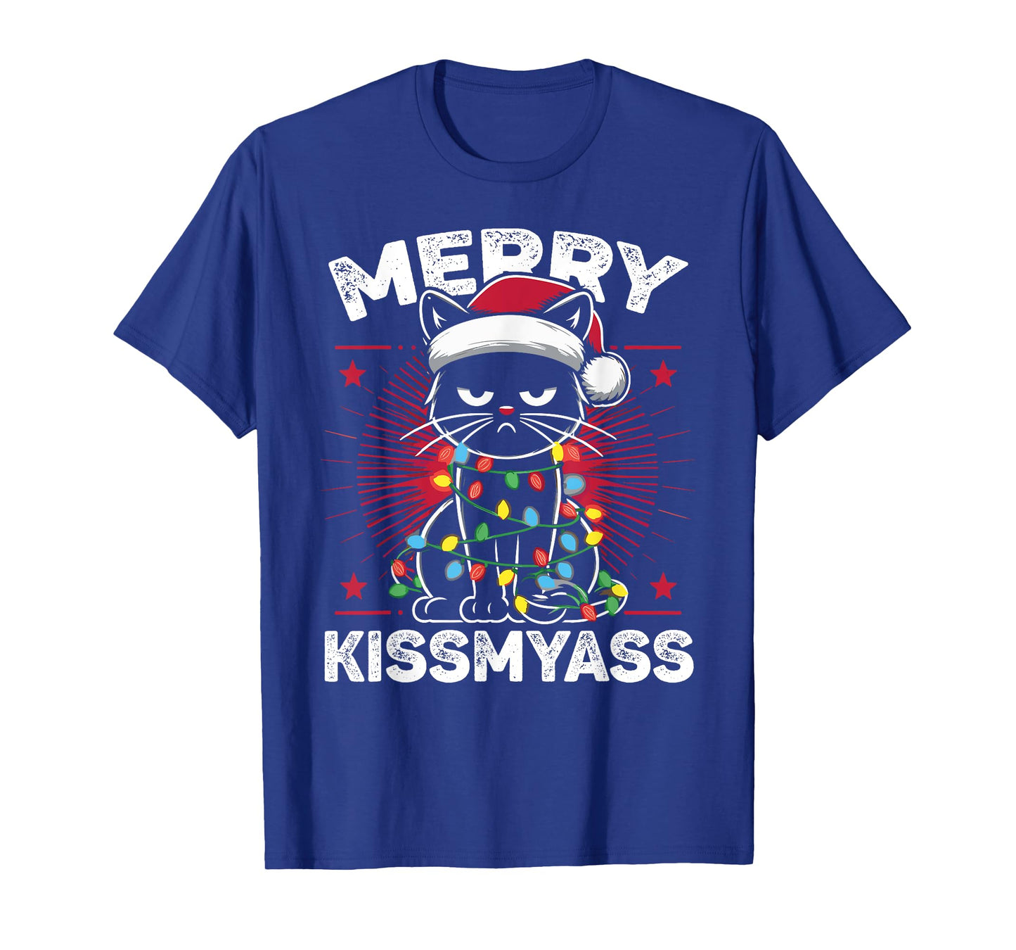 Merry Kissmyass Funny Cat Christmas Lights Christmas Cat T-Shirt