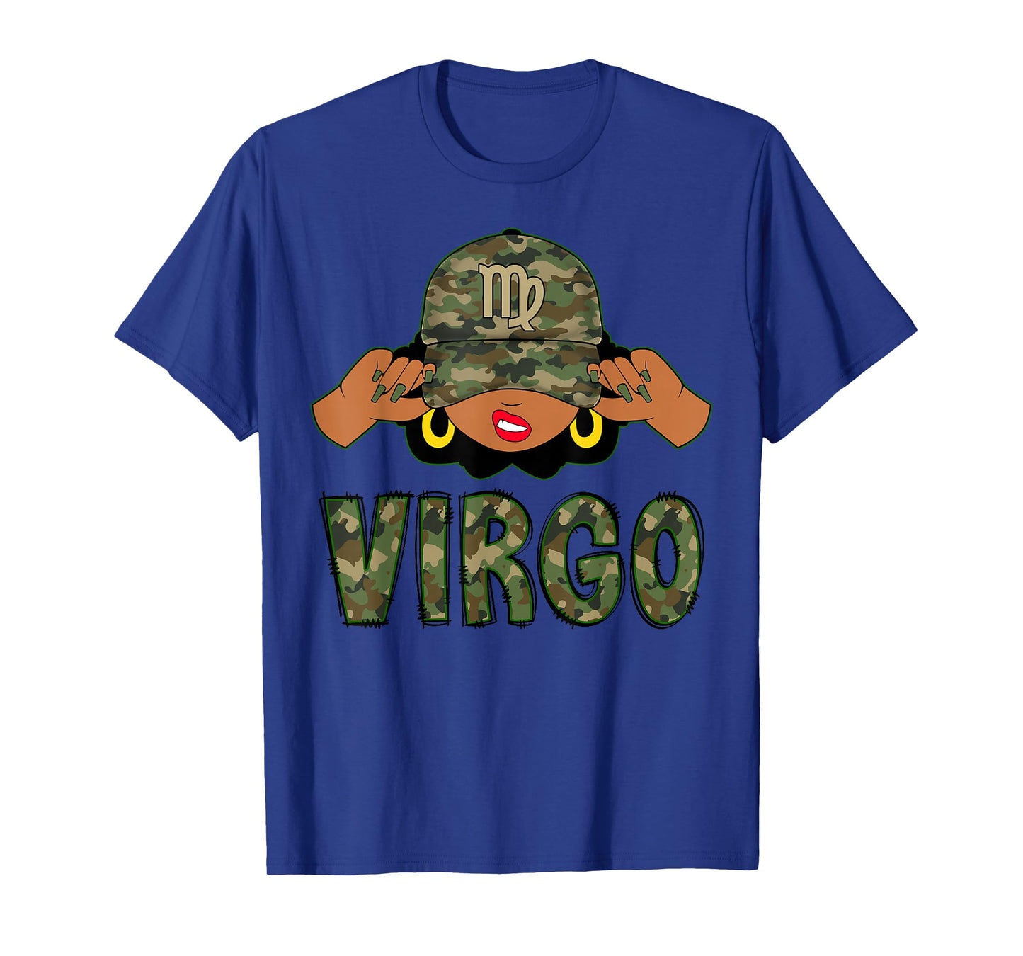 Virgo Queen Black Woman with Camo Cap Afro Girl Zodiac T-Shirt