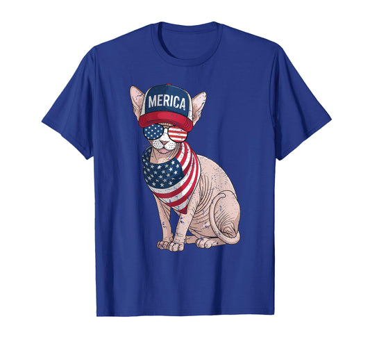Sphynx Cat 4th of July US American Flag Cat Patriotic T-Shirt for Men Women Kids