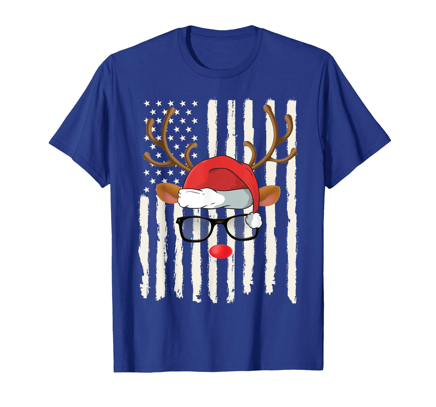 Cute Reindeer Santa Hat Glasses American Flag Christmas T-Shirt