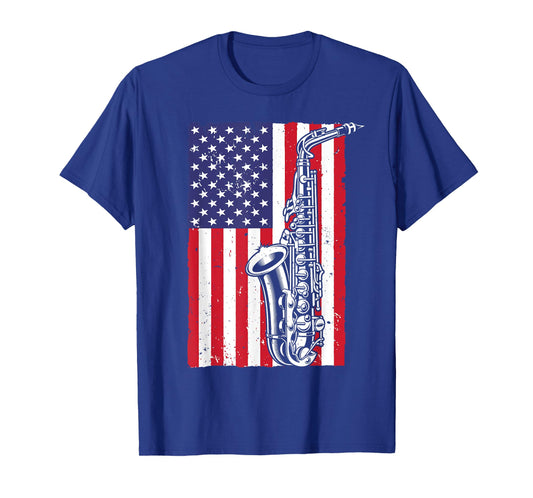 Cool Saxophone For Men Women American Flag Jazz Music Player T-Shirt