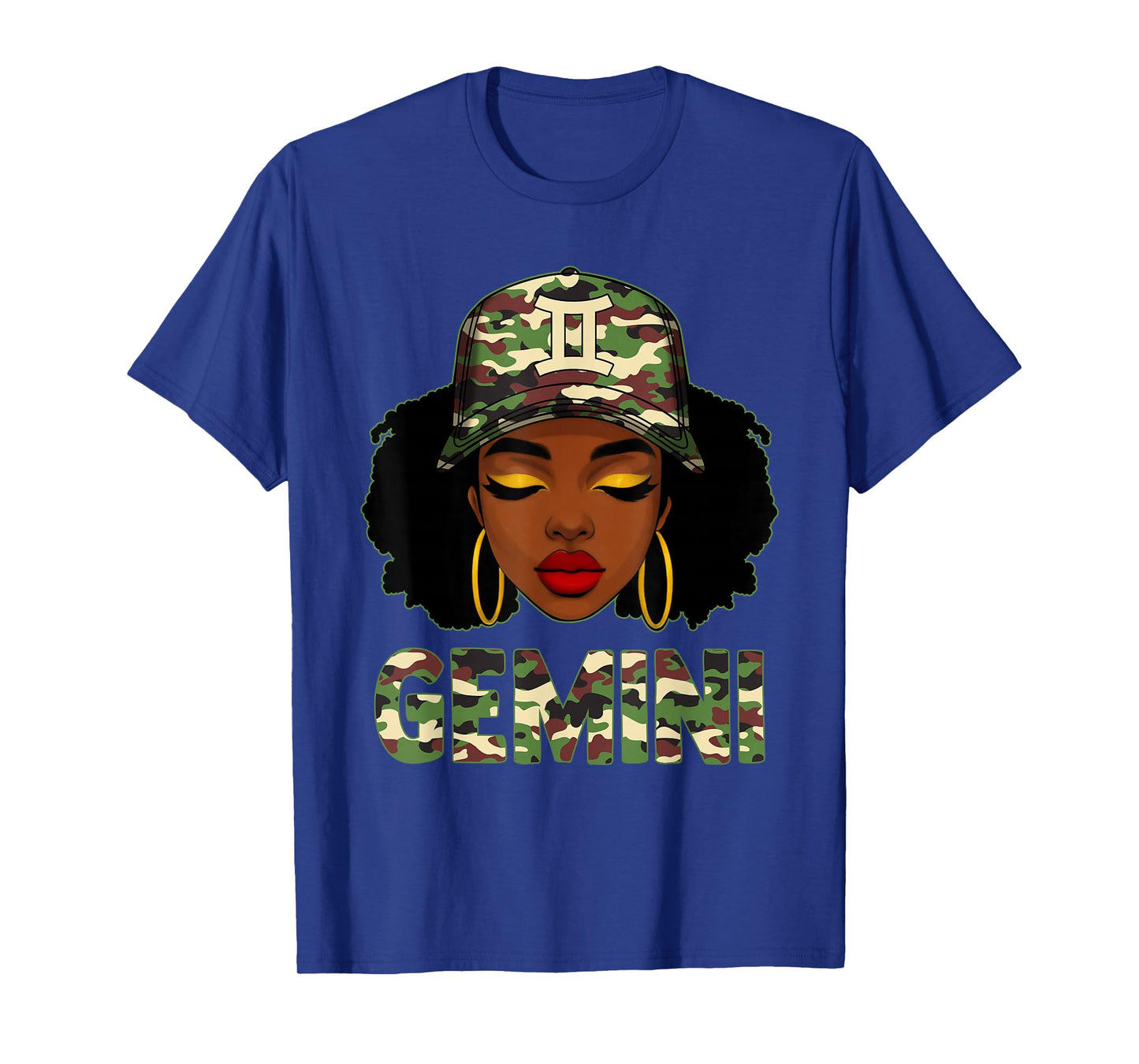 Gemini Queen Black Woman with Camo Cap Afro Girl Zodiac T-Shirt