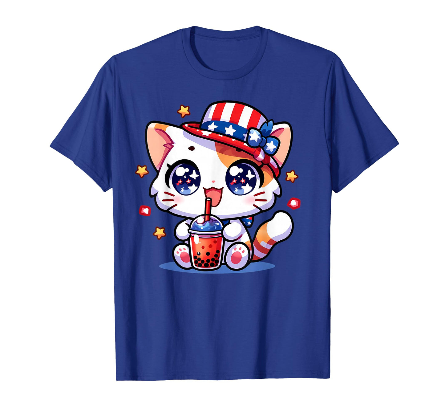 Cute 4th of July Cat Shirt Girls Kids Kawaii Anime Boba Tea T-Shirt