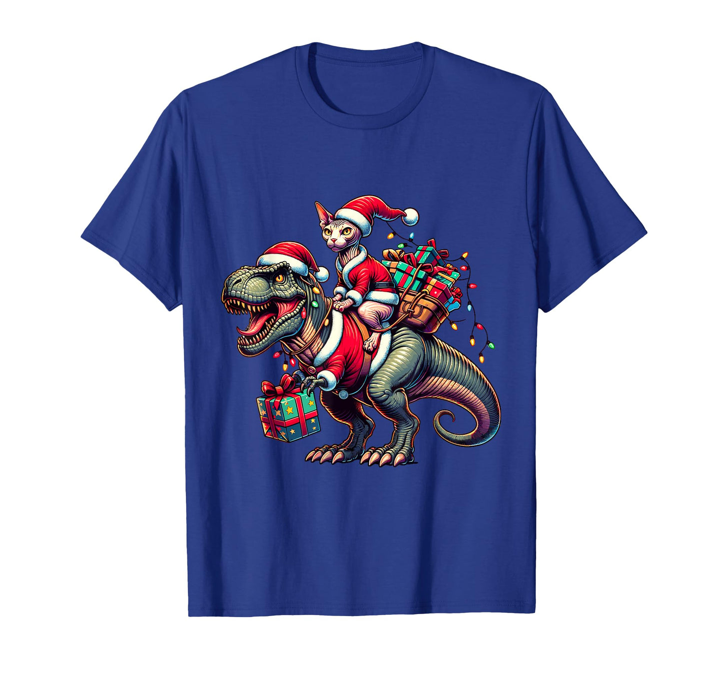 Adorable Sphynx Cat Rides Christmas T-Rex Santa for Sphynx T-Shirt