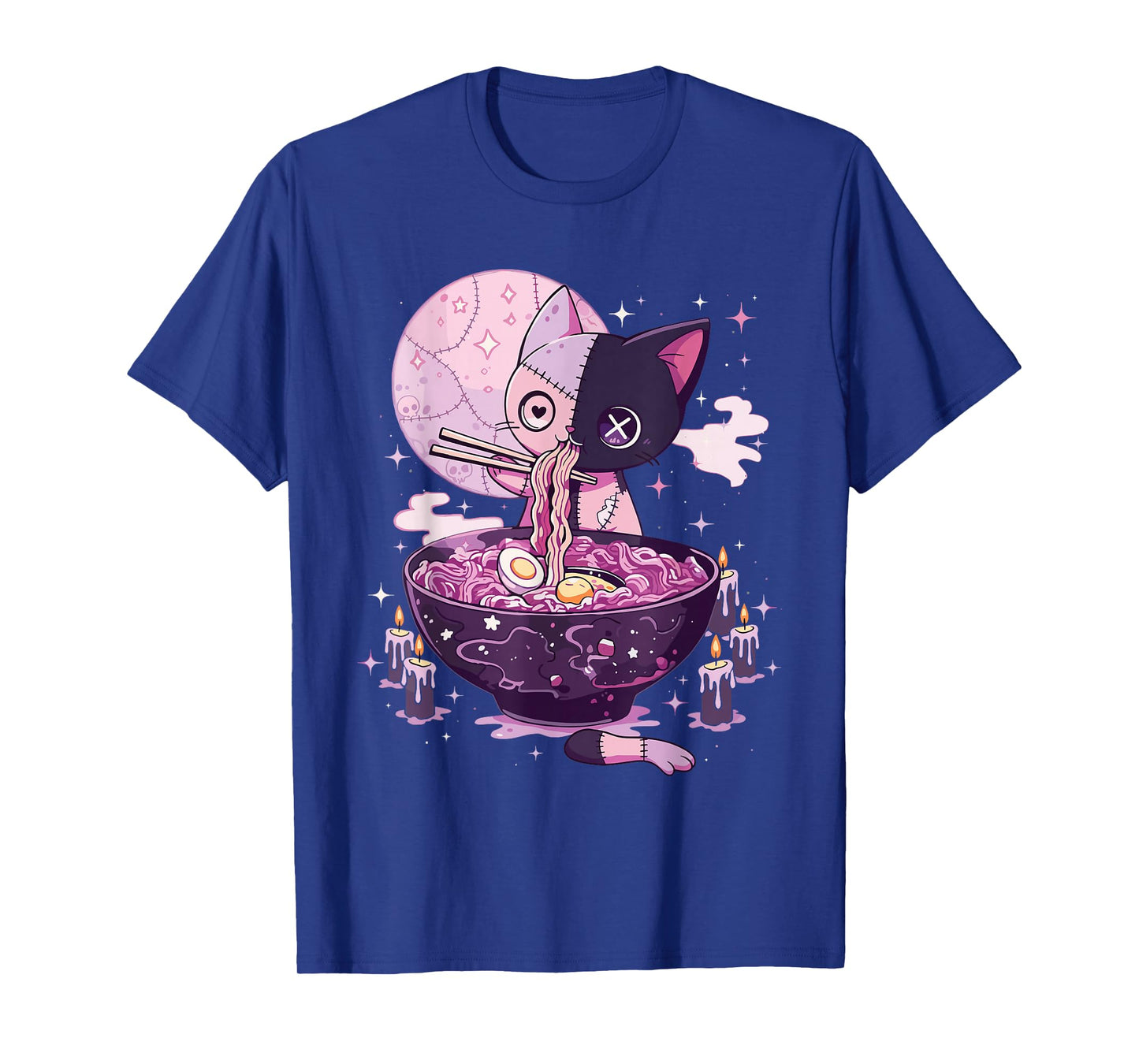 Kawaii Pastel Goth Zombie Patchwork Cat Eating Ramen Noodles T-Shirt