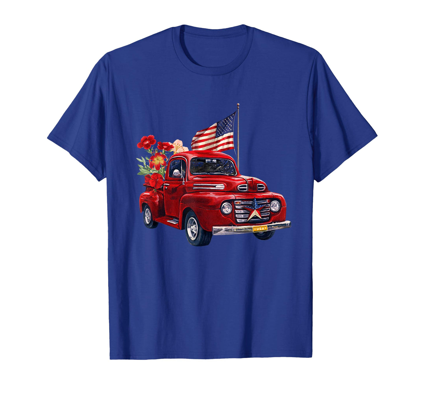 Red Truck With Flowers American Flag Happy 4th Of July Women Men T-Shirt