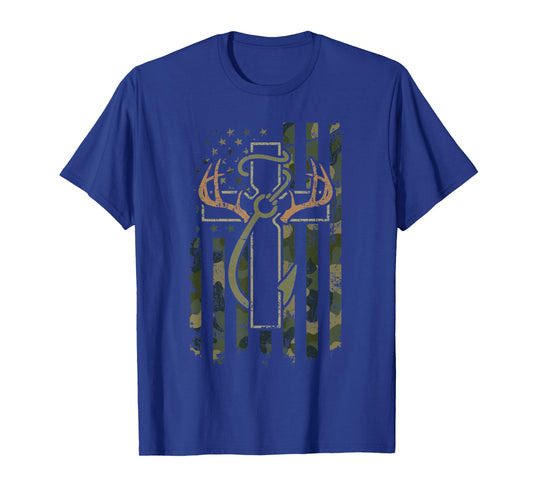 Faith Fishing Hunting Camo Us Flag Cross with Hook Christian T-Shirt