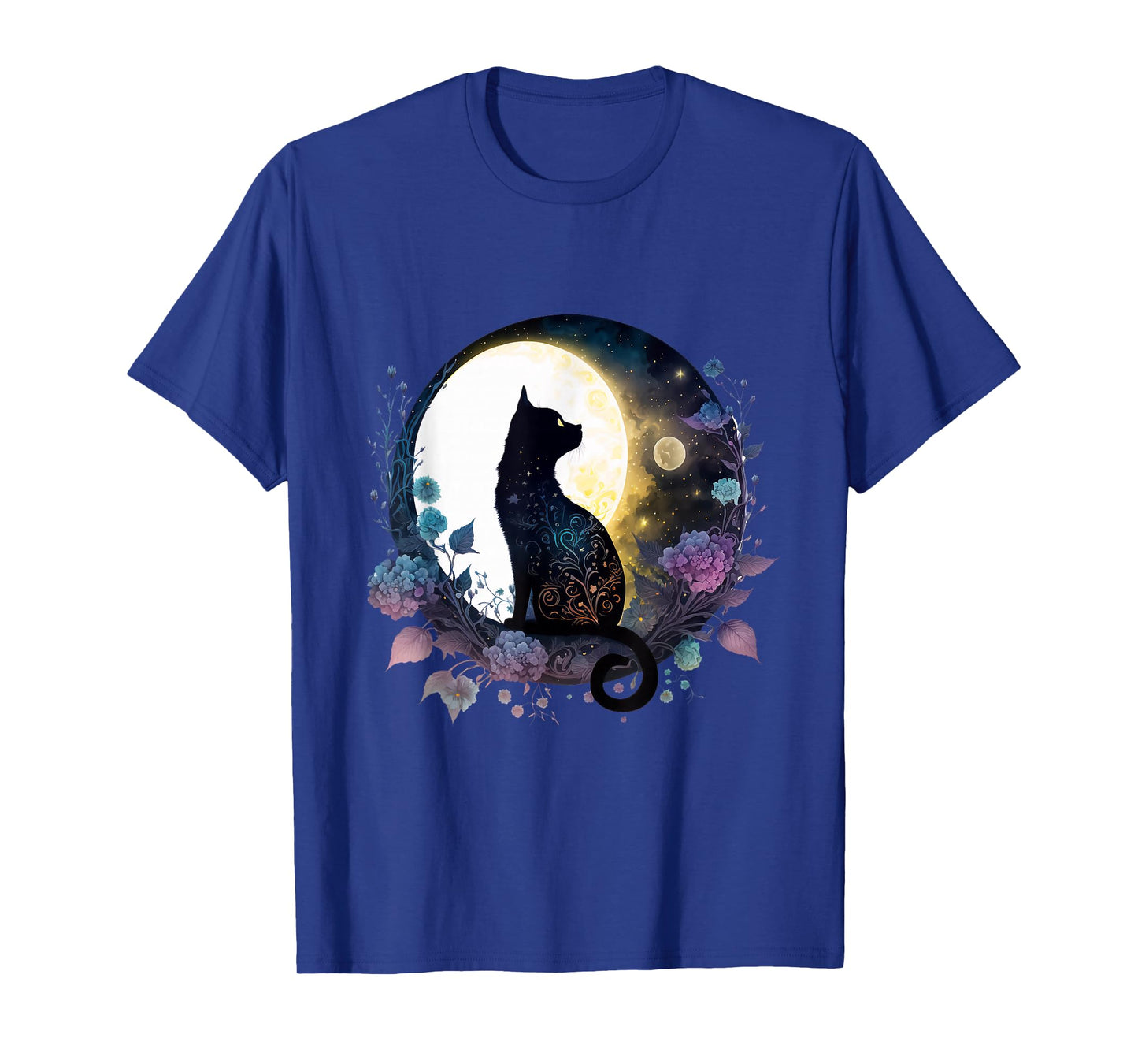 Moonlit Black Cat Tee – Lunar Floral Night Cat T-Shirt