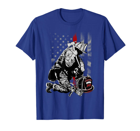 Fallen Fireman American Flag Thin Red Line Firefighter Top T-Shirt Small