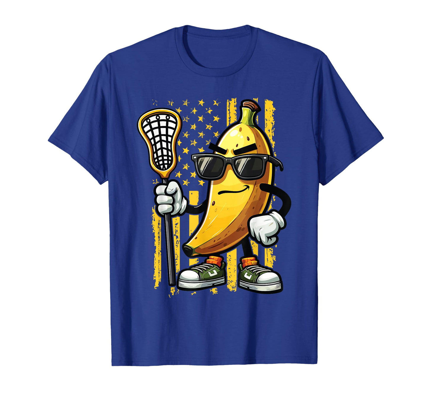 Banana Playing Lacrosse Sunglasses American Flag Funny T-Shirt