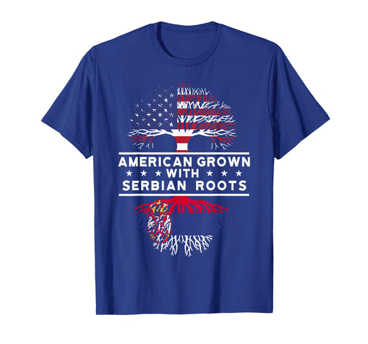 National Flags & Roots Proud Heritage Gifts American Grown with Serbian Roots - Serbia T-Shirt - Unisex-Adults - Black - Small - Short Sleeve - Crew Neck - Modern Casual - Flag - Vacation - T-Shirt