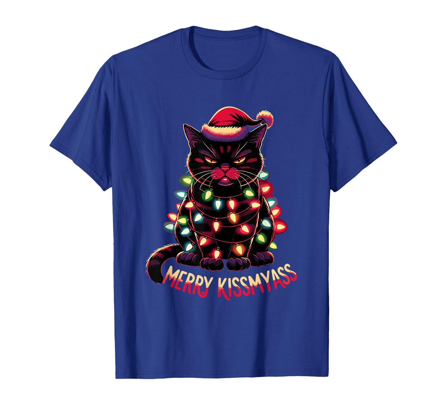 Merry Kissmyass Funny Black Cat Christmas Lights Santa Hat T-Shirt