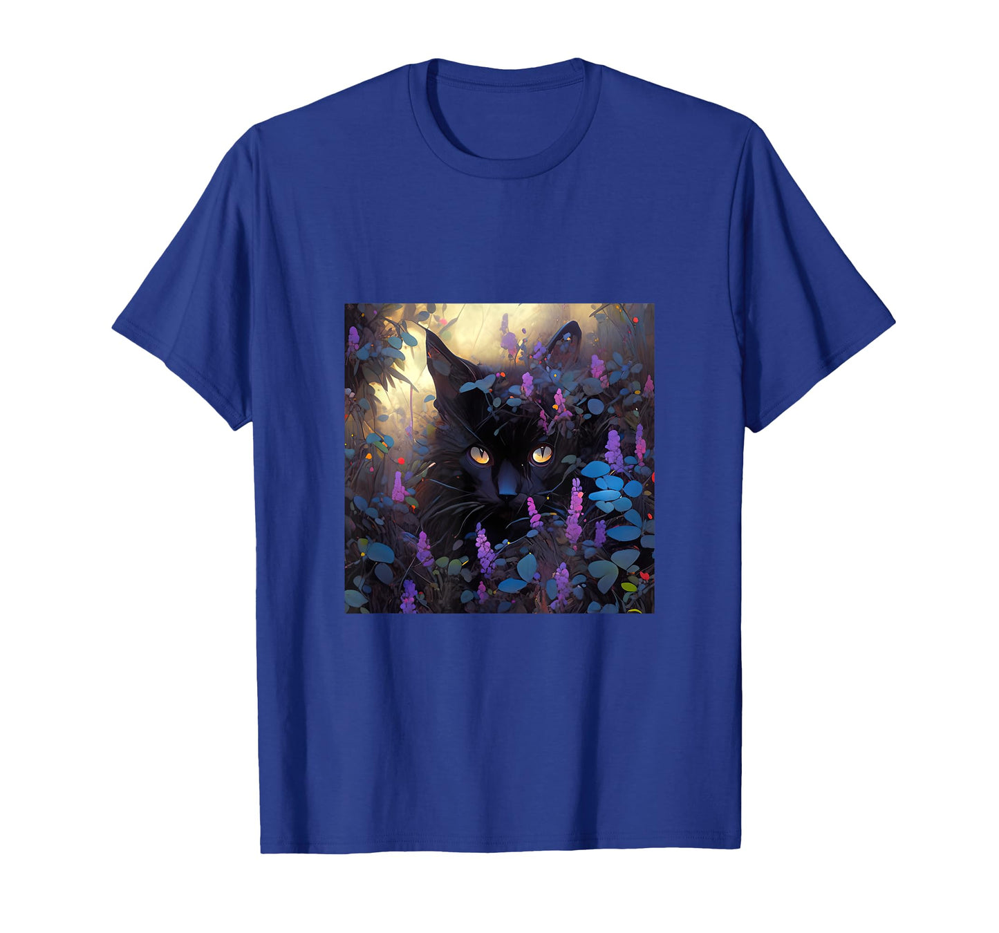 Black Adorable Cat Purple Spring Flowers T-Shirt for Men Women