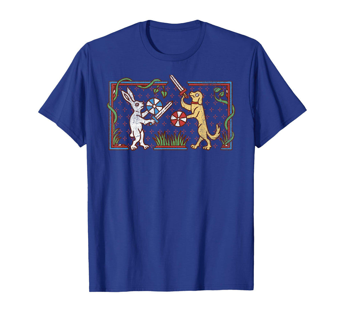 Medieval Rabbit & Dog Sword Fighting Cute Vintage Retro Men Women Girls Kids T-Shirt