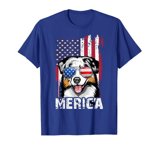 Australian Shepherd 4th of July Merica USA Flag Aussie Dog T-Shirt