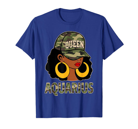 Aquarius Queen Black Woman Cap Hat Camo Afro Girl Zodiac T-Shirt