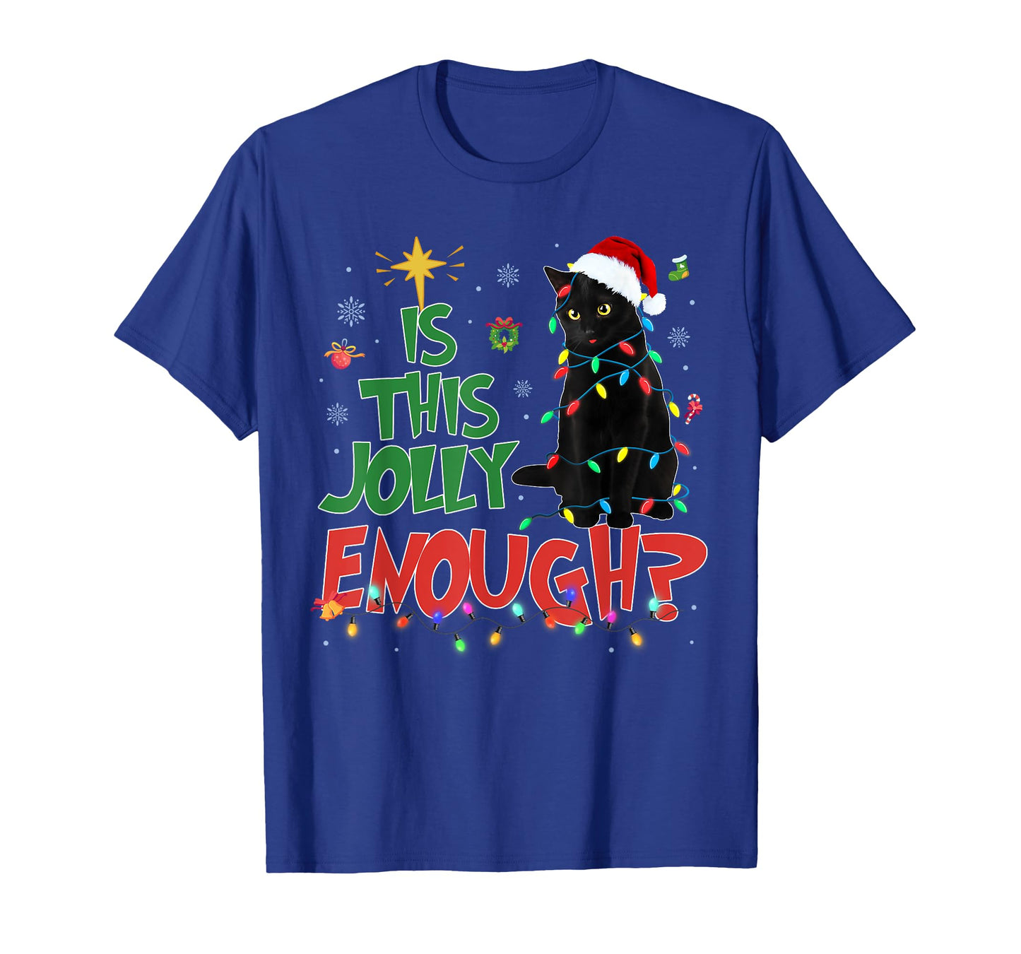 Is This Jolly Enough Black Cat Merry Christmas Tree Lights T-Shirt