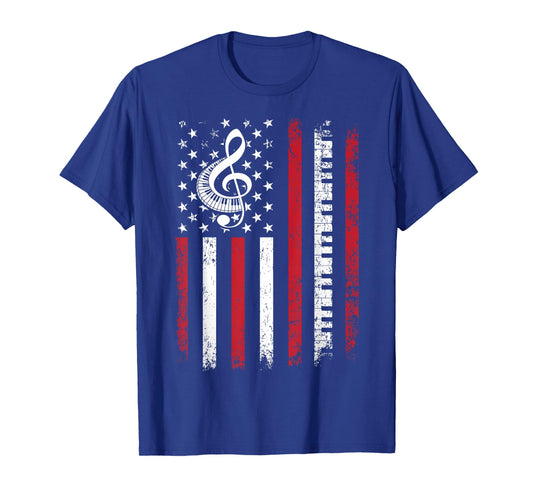 Music Notes Vintage USA American Flag Piano Keyboard Pianist T-Shirt